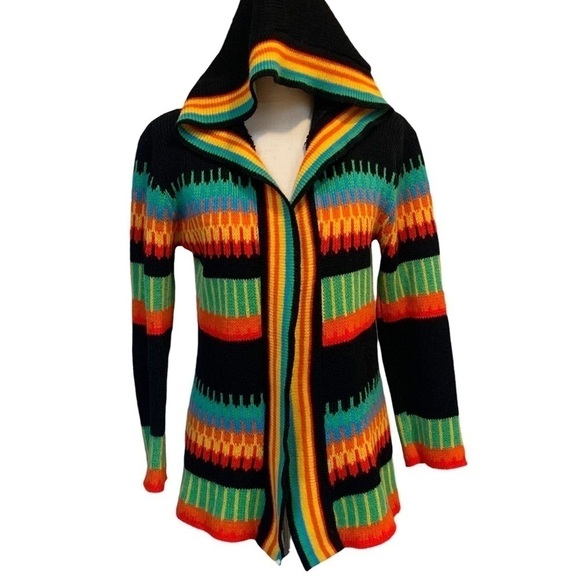 Vintage Sweaters - Vintage Multi-Color Open-Front Hooded Cardigan Sweater